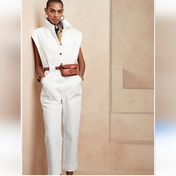 Banana Republic Pants - Banana Republic Petite Utility Jumpsuit Romper White‎ Sleeveless Crop Onesie